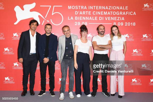 Charles Gillibert, Guillaume Canet, Olivier Assayas, Nora Hamzawi, Vincent Macaigne and Christa Theret attend 'Doubles Vies ' photocall during the...