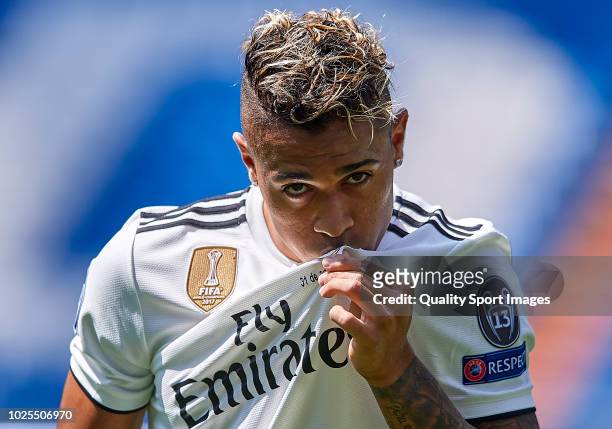 Mariano Diaz Mejia reacts on the pitch after being announced as a Real Madrid player at Santiago Bernabeu Stadium on August 31, 2018 in Madrid, Spain.