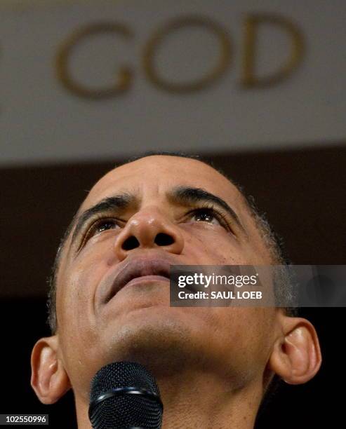 President Barack Obama speaks during a town hall event on the economy at Racine Memorial Hall in Racine, Wisconsin, June 30, 2010. AFP PHOTO / Saul...