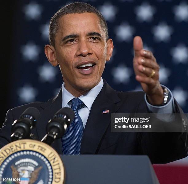 President Barack Obama speaks during a town hall event on the economy at Racine Memorial Hall in Racine, Wisconsin, June 30, 2010. AFP PHOTO / Saul...