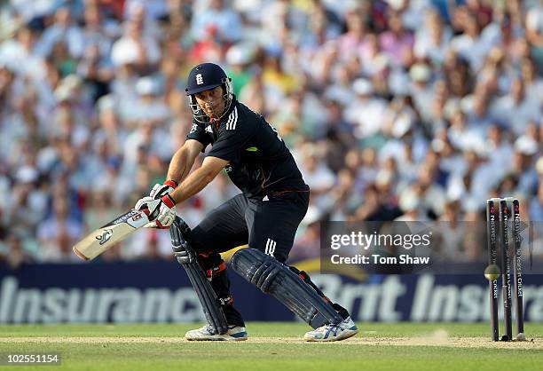 Michael Yardy of England hits out during the fourth NatWest One Day International match between England and Australia at The Brit Oval on June 30,...