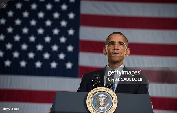 President Barack Obama speaks during a town hall event on the economy at Racine Memorial Hall in Racine, Wisconsin, June 30, 2010. AFP PHOTO / Saul...