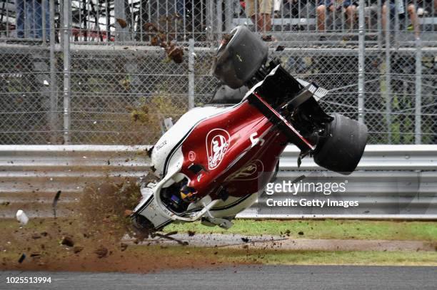 Marcus Ericsson of Sweden driving the Alfa Romeo Sauber F1 Team C37 Ferrari crashes during practice for the Formula One Grand Prix of Italy at...