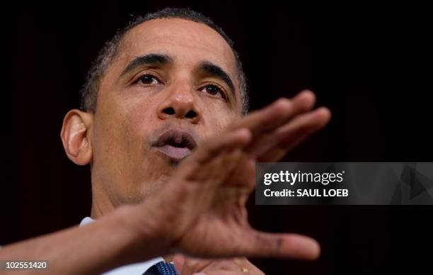 President Barack Obama speaks during a town hall event on the economy at Racine Memorial Hall in Racine, Wisconsin, June 30, 2010. AFP PHOTO / Saul...