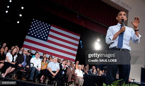 President Barack Obama speaks during a town hall event on the economy at Racine Memorial Hall in Racine, Wisconsin, June 30, 2010. AFP PHOTO / Saul...