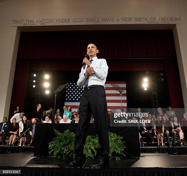 President Barack Obama speaks during a town hall event on the economy at Racine Memorial Hall in Racine, Wisconsin, June 30, 2010. AFP PHOTO / Saul...