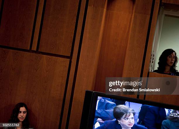 Supreme Court nominee Elena Kagan is seen on a screen as she answers questions from members of the Senate Judiciary Committee on the third day of her...