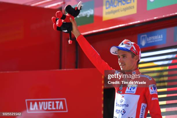 Podium / Rudy Molard of France and Team Groupama FDJ Red Leader Jersey / Celebration / Bull Mascot / during the 73rd Tour of Spain 2018, Stage 7 a...