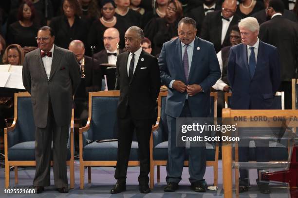 Former President Bill Clinton and religious leaders Louis Farrakhan, Al Sharpton and Jesse Jackson attend the funeral for Aretha Franklin at the...