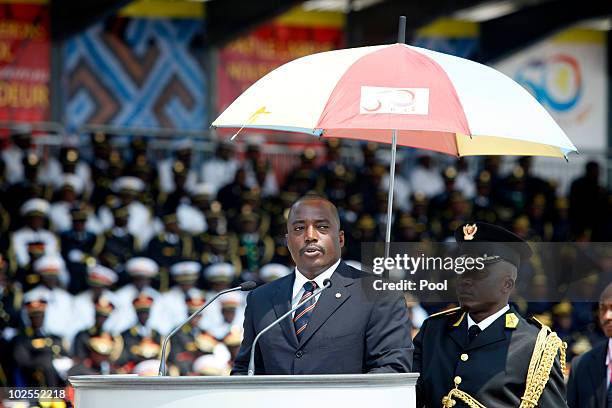 Democratic Republic of Congo President Joseph Kabila speaks at the 50th anniversary parade marking the independence of the Democratic Republic of...