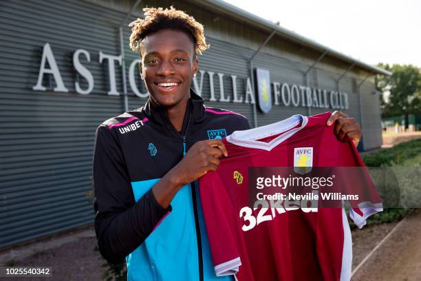 New signing Tammy Abraham of Aston Villa poses for a picture at the club's training ground at Bodymoor Heath on August 31, 2018 in Birmingham,...