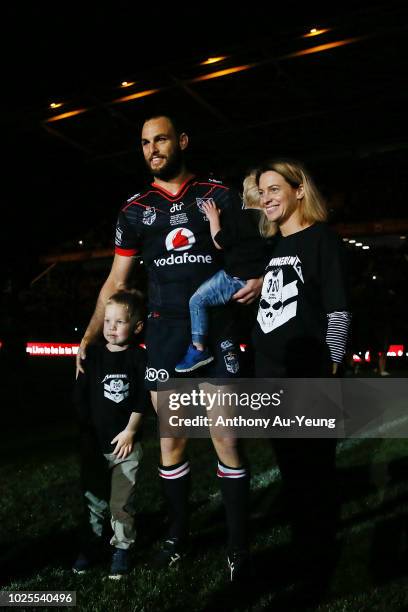 Simon Mannering of the Warriors takes the field with his family in his 300th match and the round 25 NRL match between the New Zealand Warriors and...