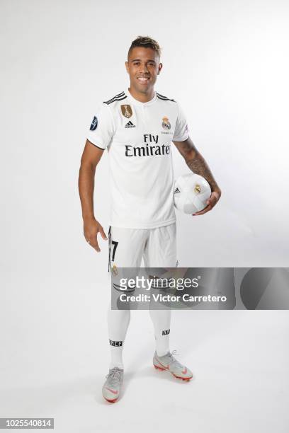Mariano Diaz of Real Madrid poses during his official presentation at Santiago Bernabeu stadium on August 31, 2018 in Madrid, Spain.