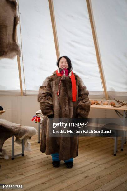 a woman dressed in traditional sami clothing in breivikeidet, norway wintertime - sami stock pictures, royalty-free photos & images