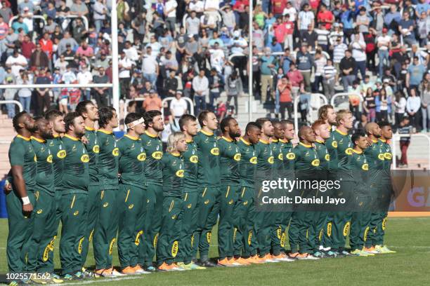 Players of South Africa line up for the national anthem during a match between Argentina and South Africa as part of The Rugby Championship 2018 at...