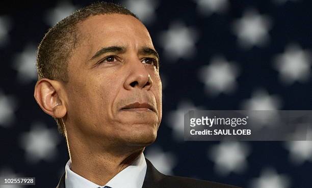 President Barack Obama speaks during a town hall event on the economy at Racine Memorial Hall in Racine, Wisconsin, June 30, 2010. AFP PHOTO / Saul...