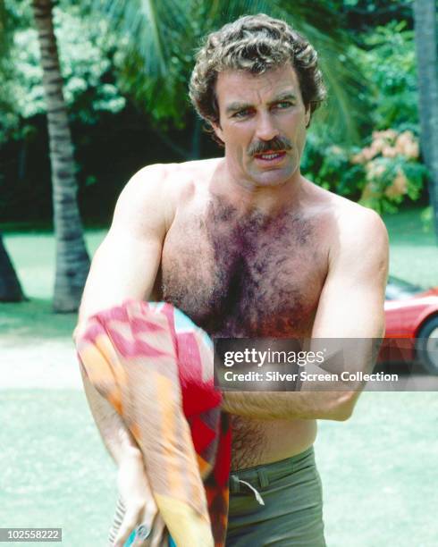 Tom Selleck as the titular investigator in the television series 'Magnum, P.I.', circa 1985.