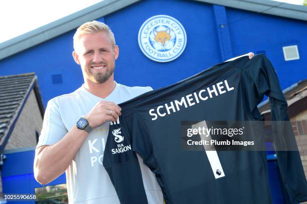 Kasper Schmeichel signs a new contract at Leicester City at Belvoir Drive Training Complex on August 31, 2018 in Leicester, United Kingdom.