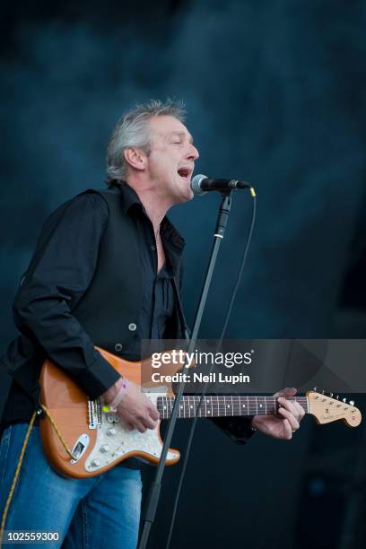 Steve Overland of British rock group FM performs on the main stage on the last day of the Download Festival at Donington Park on June 13, 2010 in...