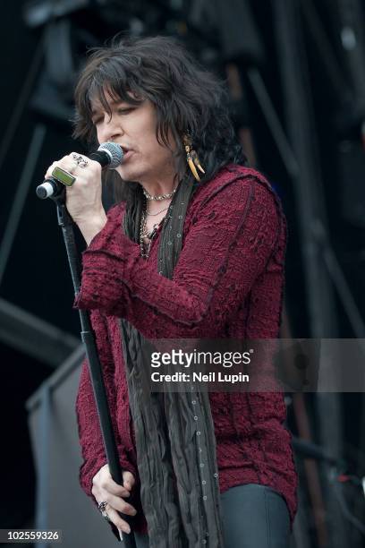Tom Keifer of Cinderella performs on stage on the last day of the Download Festival at Donington Park on June 13, 2010 in Castle Donington, England.