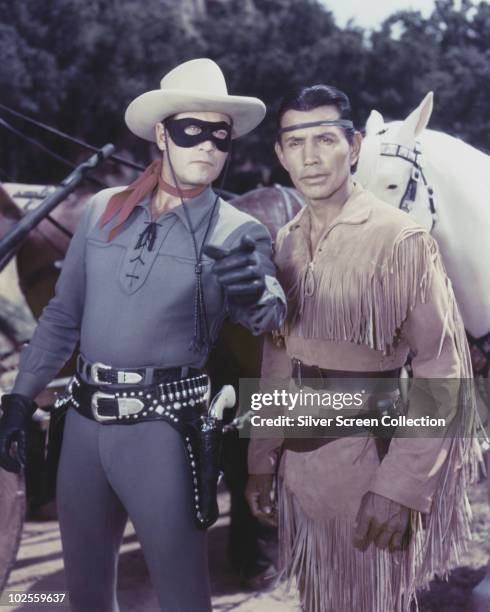 Clayton Moore as The Lone Ranger and Jay Silverheels as Tonto in TV's 'The Lone Ranger', circa 1950.