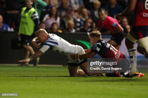 Tom Homer of Bath Rugby scores a try during the Gallagher Premiership Rugby match between Bristol Bears and Bath Rugby at Ashton Gate on August 31,...