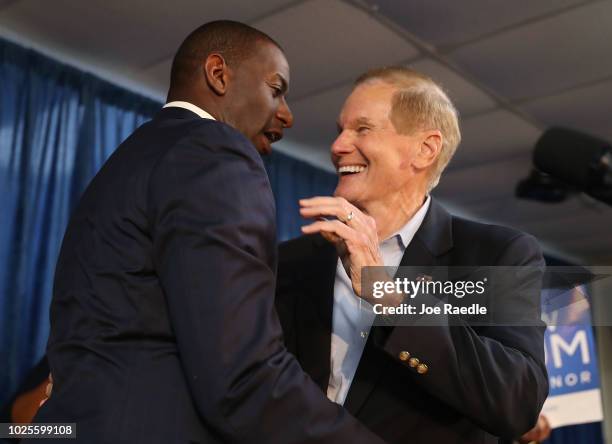 Andrew Gillum the Democratic candidate for Florida Governor embraces Sen. Bill Nelson during a campaign rally at the International Union of Painters...