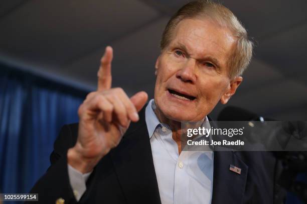 Sen. Bill Nelson speaks during a campaign rally at the International Union of Painters and Allied Trades on August 31, 2018 in Orlando, Florida. Mr....