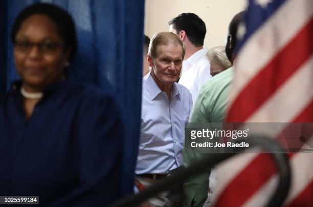 Sen. Bill Nelson waits to be introduced to speak during a campaign rally at the International Union of Painters and Allied Trades on August 31, 2018...