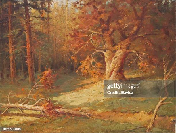 stockillustraties, clipart, cartoons en iconen met olieverf schilderij - deep forest - olieverf verf