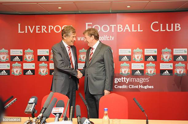 Martin Broughton Chairman of Liverpool FC welcomes Roy Hodgson as he is unveiled as the new Liverpool FC manager at Anfield on July 01, 2010 in...