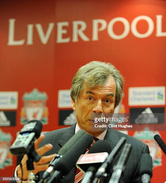Martin Broughton Chairman of Liverpool FC speaks during a press conference as Roy Hodgson is unveiled as the new Liverpool FC manager at Anfield on...