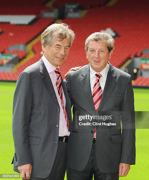 Martin Broughton Chairman of Liverpool FC welcomes Roy Hodgson as he is unveiled as the new Liverpool FC manager at Anfield on July 01, 2010 in...