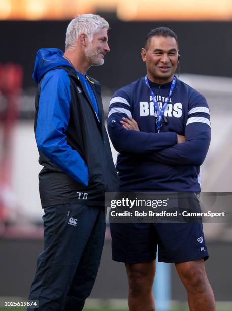 Bath Rugby's Head Coach Todd Blackadder and Bristol Bears' Head Coach Pat Lam during the Gallagher Premiership Rugby match between Bristol Bears and...