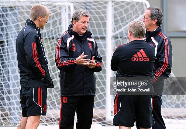 Roy Hodgson manager of Liverpool FC speaks with Darren Burgess , Head of Fitness and Conditioning, Assistant Manager Sammy Lee and Peter Brukner,...
