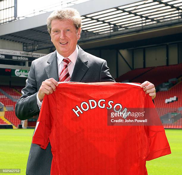 Roy Hodgson poses with a shirt as he is unveiled as the new manager of Liverpool FC at Anfield on July 01, 2010 in Liverpool, England.