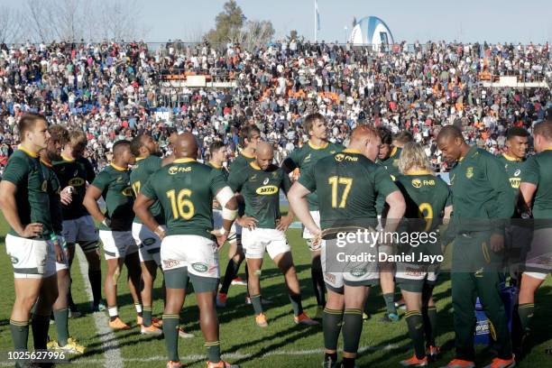 Players of South Africa look dejected at the end of a match between Argentina and South Africa as part of The Rugby Championship 2018 at Malvinas...