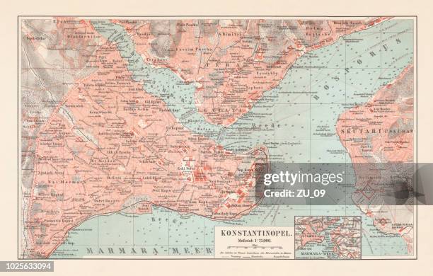 city map of constantinople (istanbul, turkey), lithograph, published in 1897 - ottoman empire map stock illustrations