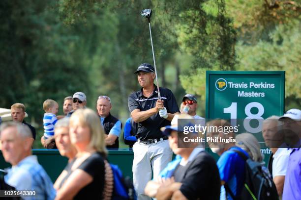 Mike Harwood of Australia in action during Day One of the Travis Perkins Senior Masters at Woburn Golf Club on August 31, 2018 in Woburn, England.
