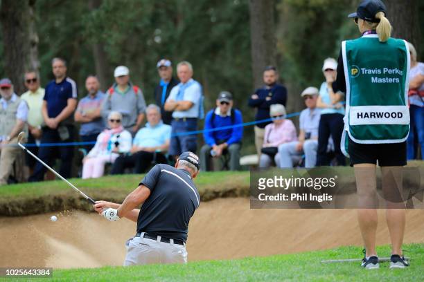 Mike Harwood of Australia in action during Day One of the Travis Perkins Senior Masters at Woburn Golf Club on August 31, 2018 in Woburn, England.