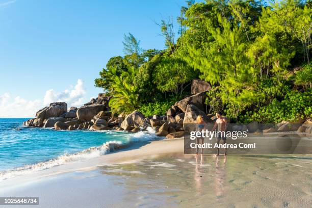 couple walking on anse georgette beach - honeymoon stock pictures, royalty-free photos & images