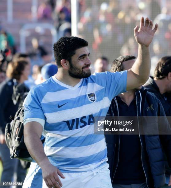 Nahuel Tetaz Chaparro of Argentina waves to fans at the end of a match between Argentina and South Africa as part of The Rugby Championship 2018 at...