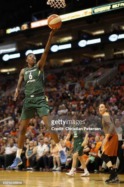 Natasha Howard of the Seattle Storm lays up a shot against the Phoenix Mercury during game three of the WNBA Western Conference Finals at Talking...