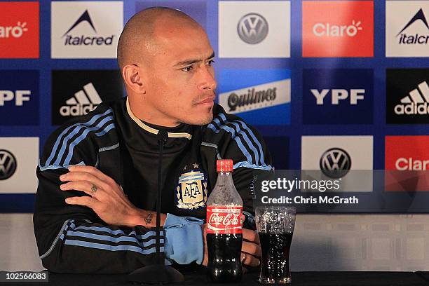 Clemente Rodriguez of Argentina's national football team speaks to the media during a press conference on July 1, 2010 in Pretoria, South Africa.