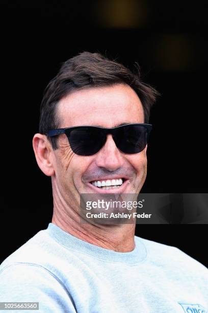 Andrew Johns looks on during the round 25 NRL match between the Newcastle Knights and the St George Illawarra Dragons at McDonald Jones Stadium on...
