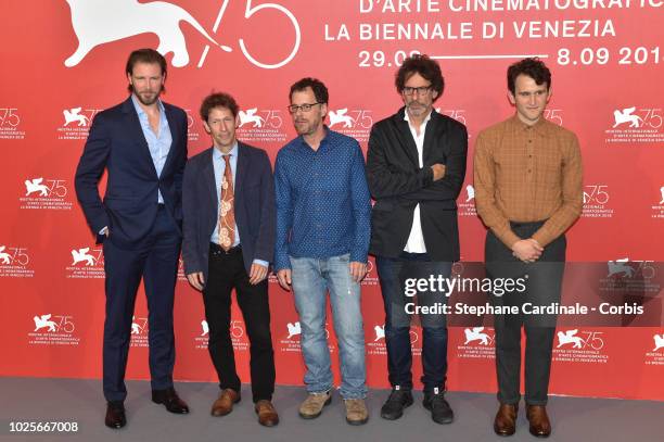 Bill Heck, Sue Naegle, Tim Blake Nelson, Ethan Coen, Joel Coen and Harry Melling attend 'The Ballad of Buster Scruggs' photocall during the 75th...