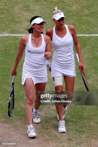 Martina Hingis of Switzerland and Anna Kournikova of Russia in action during their Ladies Invitational Doubles match against Helena Sukova of Czech...