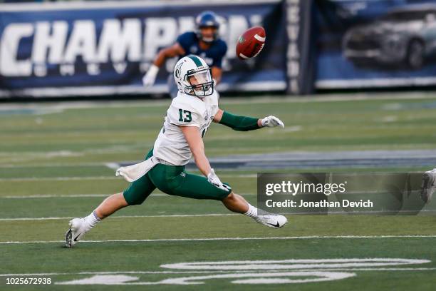 Wide receiver Beau Kelly of the Portland State Vikings misses a pass during the second quarter of tonights game between the Nevada Wolf Pack and the...