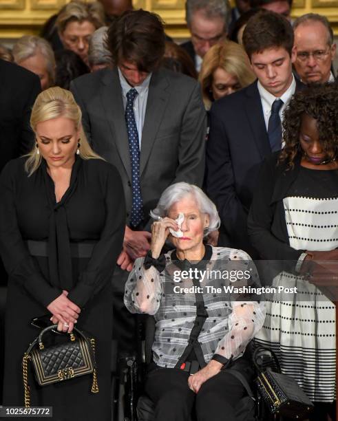 Roberta McCain wipes away tears during a ceremony where the body of her son, late-Sen. John S. McCain lies in state to honor the six-term senator...