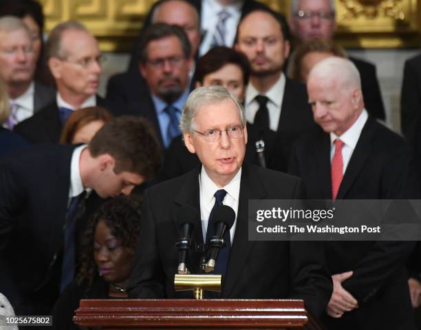 Senate majority leader Mitch McConnell makes remarks as the body of late-Sen. John S. McCain lies in state during a ceremony to honor the six-term...